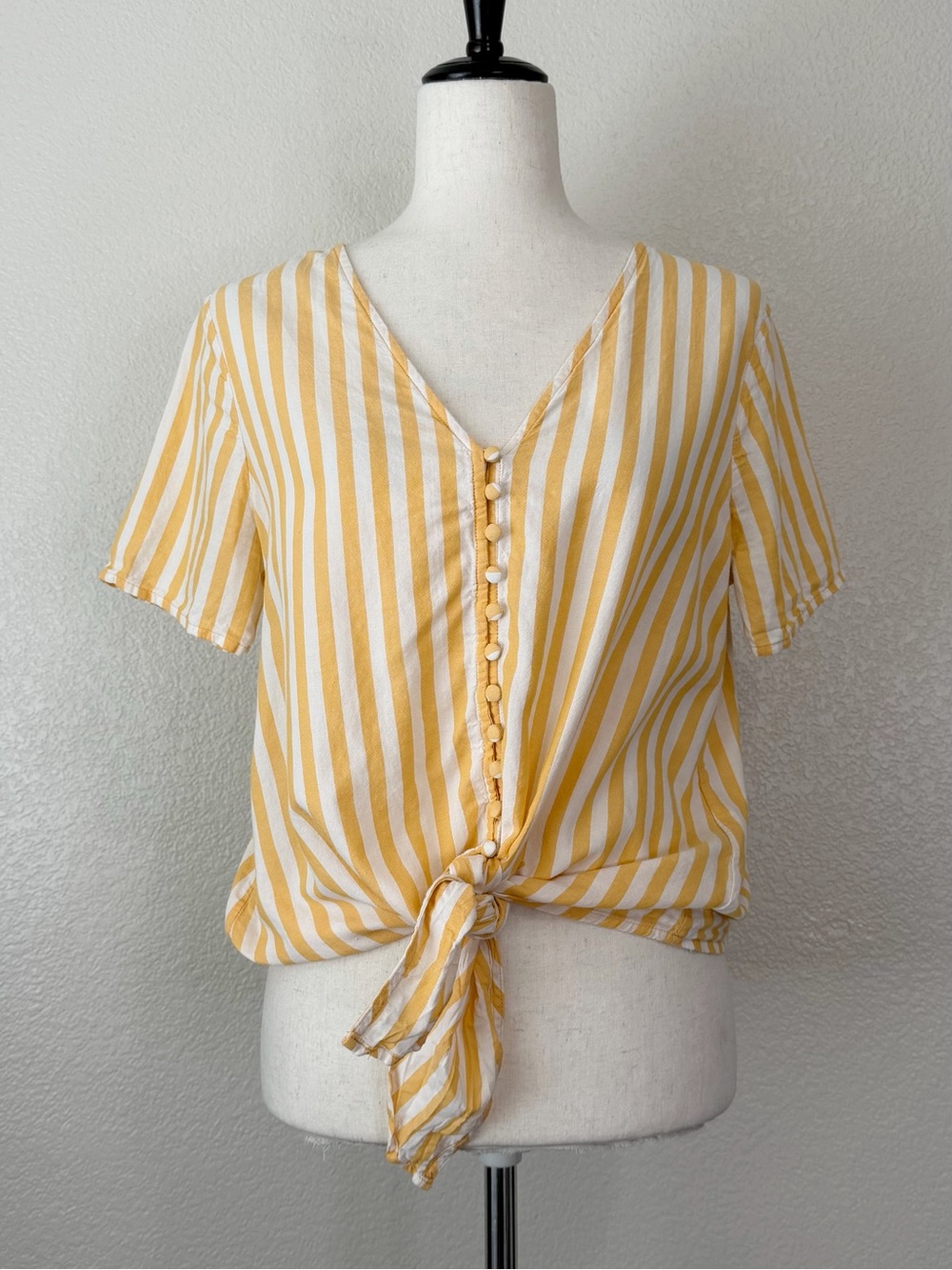 Madewell Yellow White Striped Button Down Front Tie Top, Sz Medium